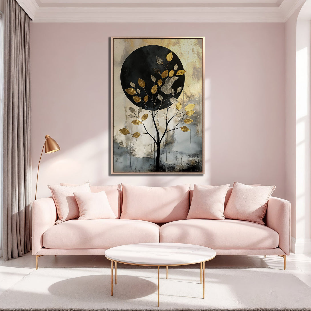 Framed Wall Art featuring a modern abstract tree with gold and silver leaves. Elegant decor in a blush and neutral color palette, perfect for a stylish living room.