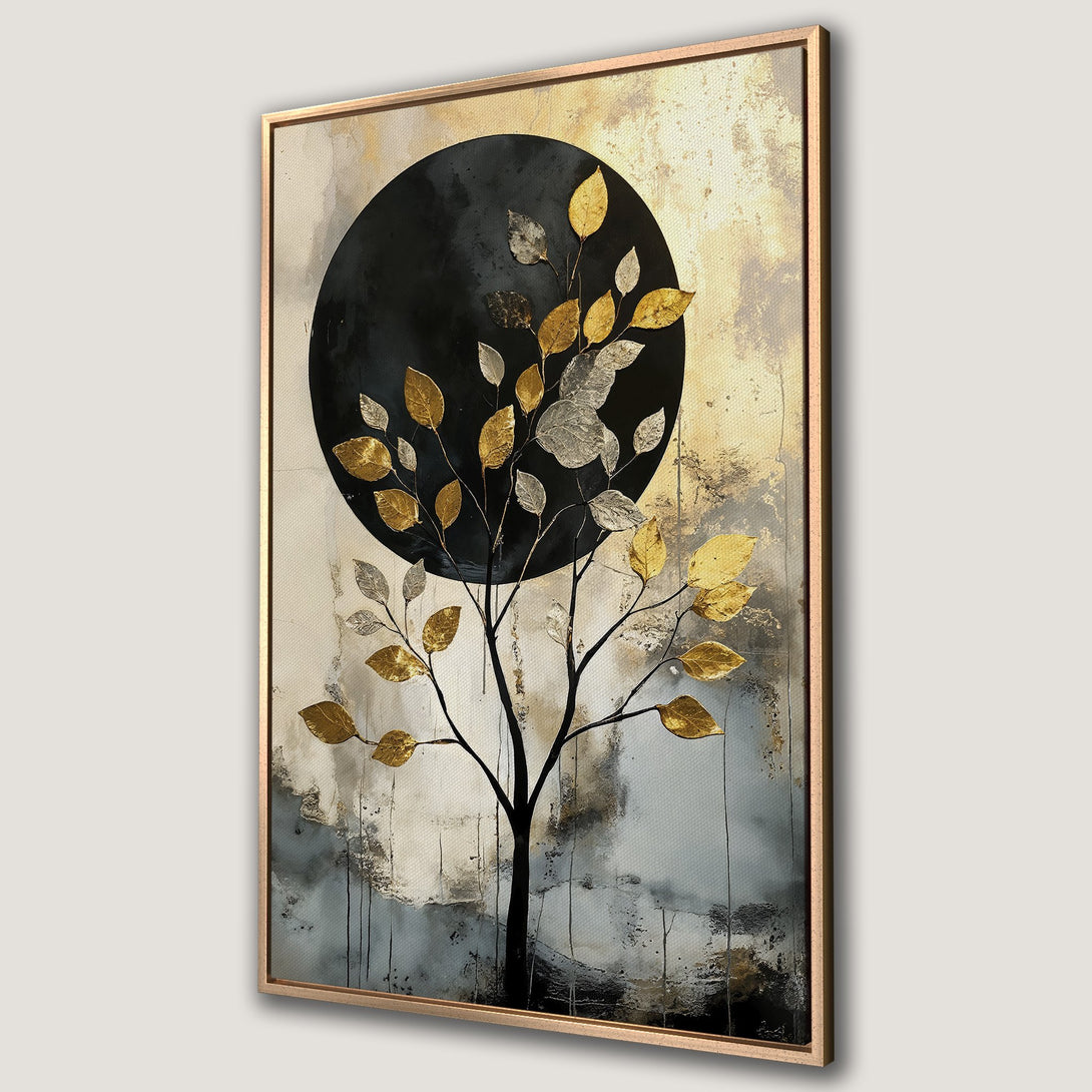 Framed Wall Art featuring an abstract tree with gold and silver leaves. Modern art with a neutral color palette, perfect for adding elegance to any space.