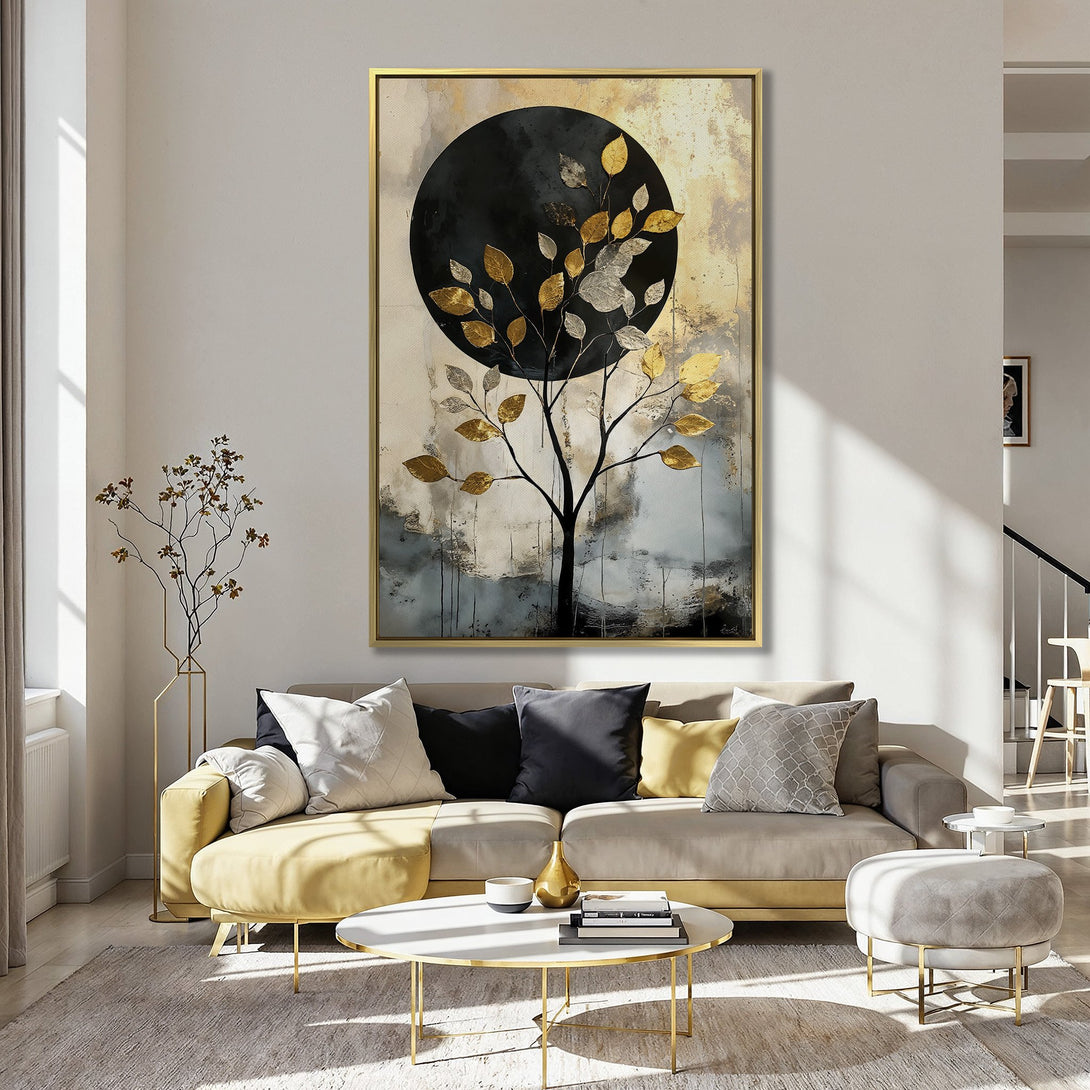 Canvas Print: Abstract tree art with gold and silver leaves. Modern wall decor in a neutral, gold, and black color palette, perfect for any interior.