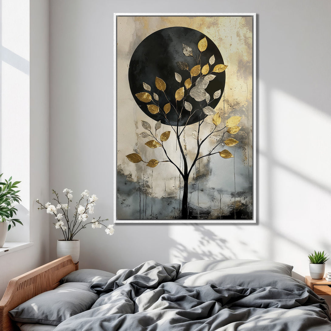 Framed Wall Art: Abstract tree with gold and silver leaves on a black circle. Neutral color palette, perfect for bedroom decor. Shop now!