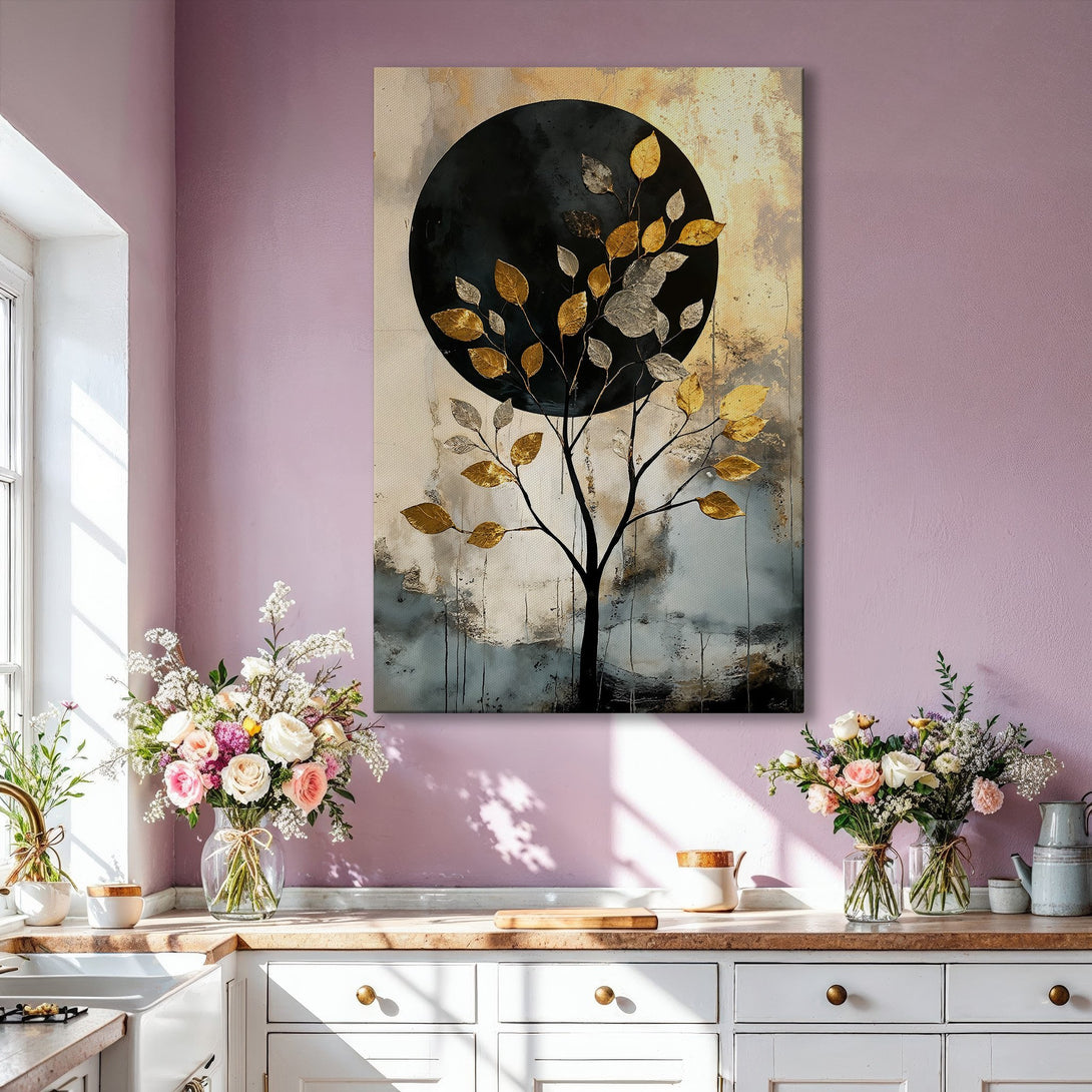 Framed Wall Art featuring an abstract tree with gold and silver leaves against a dark circle. Modern, neutral color palette. Enhance your space with this elegant piece!