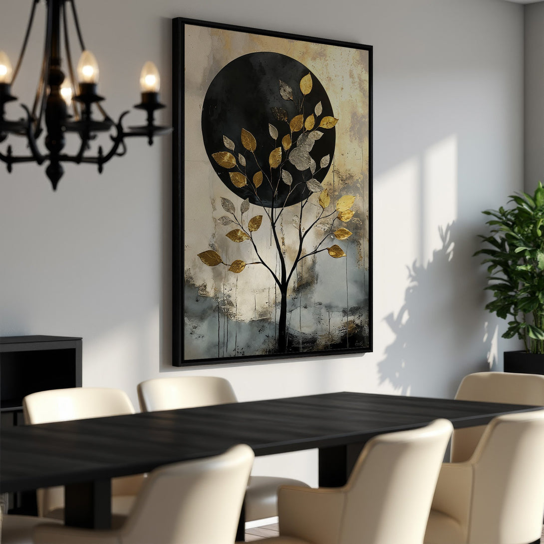 Framed Wall Art: Abstract tree art with gold and silver leaves. Modern decor in neutral tones. Perfect for dining rooms and living spaces.