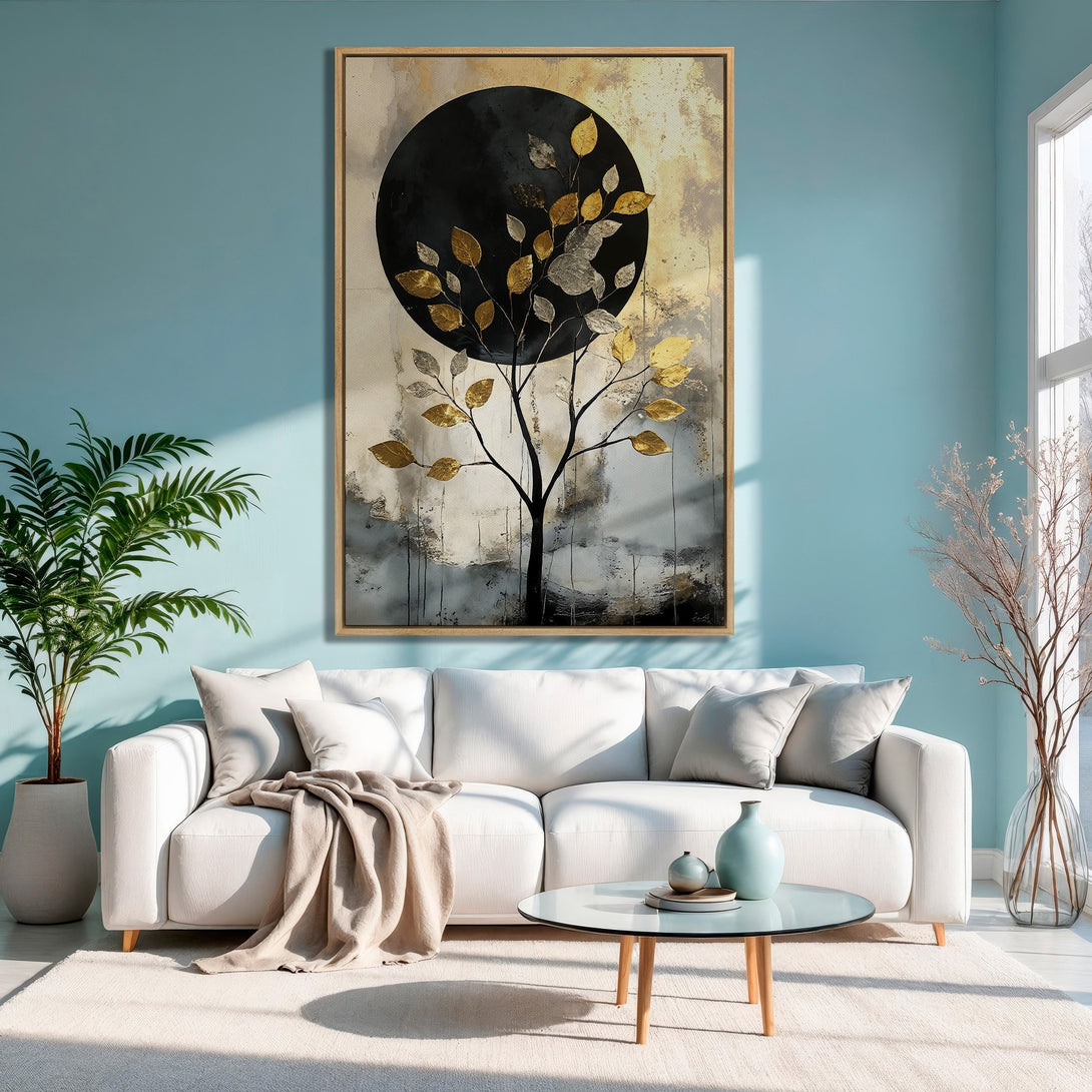 Framed Wall Art: Abstract tree art with gold and silver leaves. Modern, neutral color palette. Perfect for living room decor.