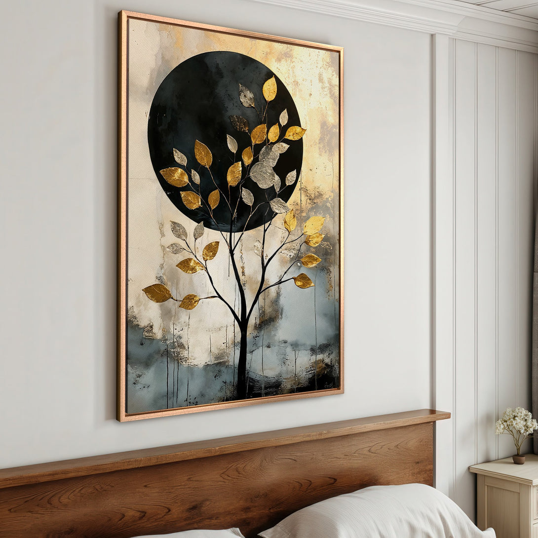 Framed Wall Art: Abstract tree art with gold & silver leaves. Modern canvas print in neutral, gold, and black color palette. Perfect for bedroom decor.