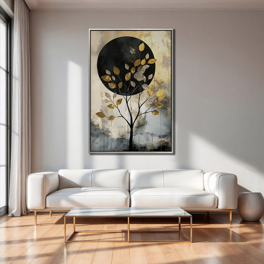 Framed Wall Art featuring an abstract tree with gold leaves. Modern art in a neutral palette, perfect for living room decor.