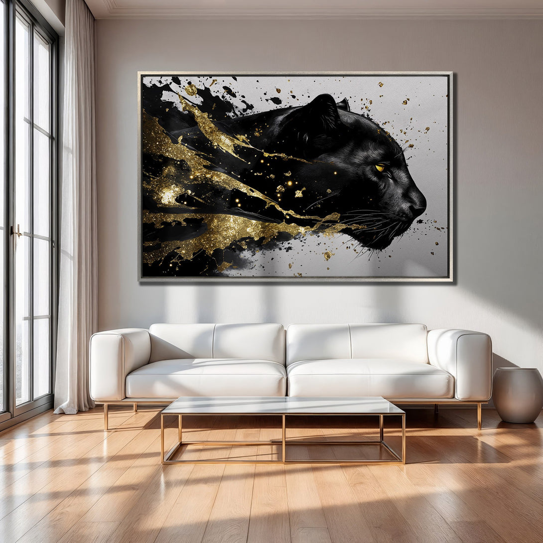 Framed Wall Art: Black panther with gold accents. Modern abstract art in black, white, and gold. Elevate your space with this stunning canvas print.