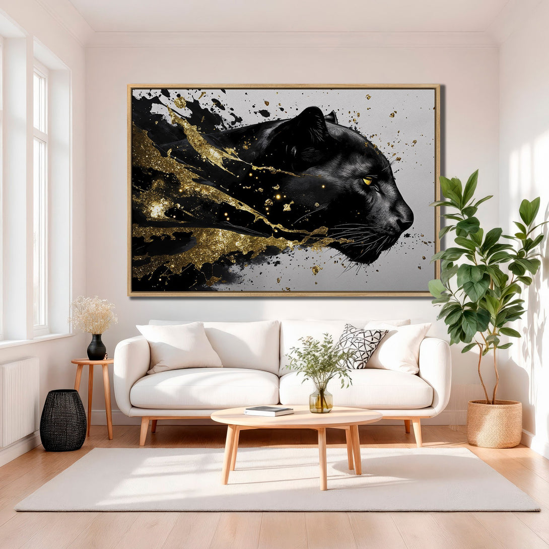 Framed Wall Art featuring a black panther with gold accents. Modern abstract style in a black, gold, and white color palette. Elevate your living room decor!