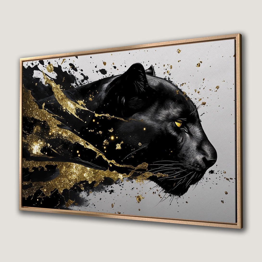 Framed Wall Art: Black panther with gold accents. Modern canvas print with a black, gold, and grey color palette. Add a touch of luxury to your space.