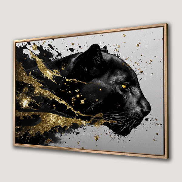 Framed Wall Art: Black panther with gold accents. Modern canvas print with a black, gold, and grey color palette. Add a touch of luxury to your space.