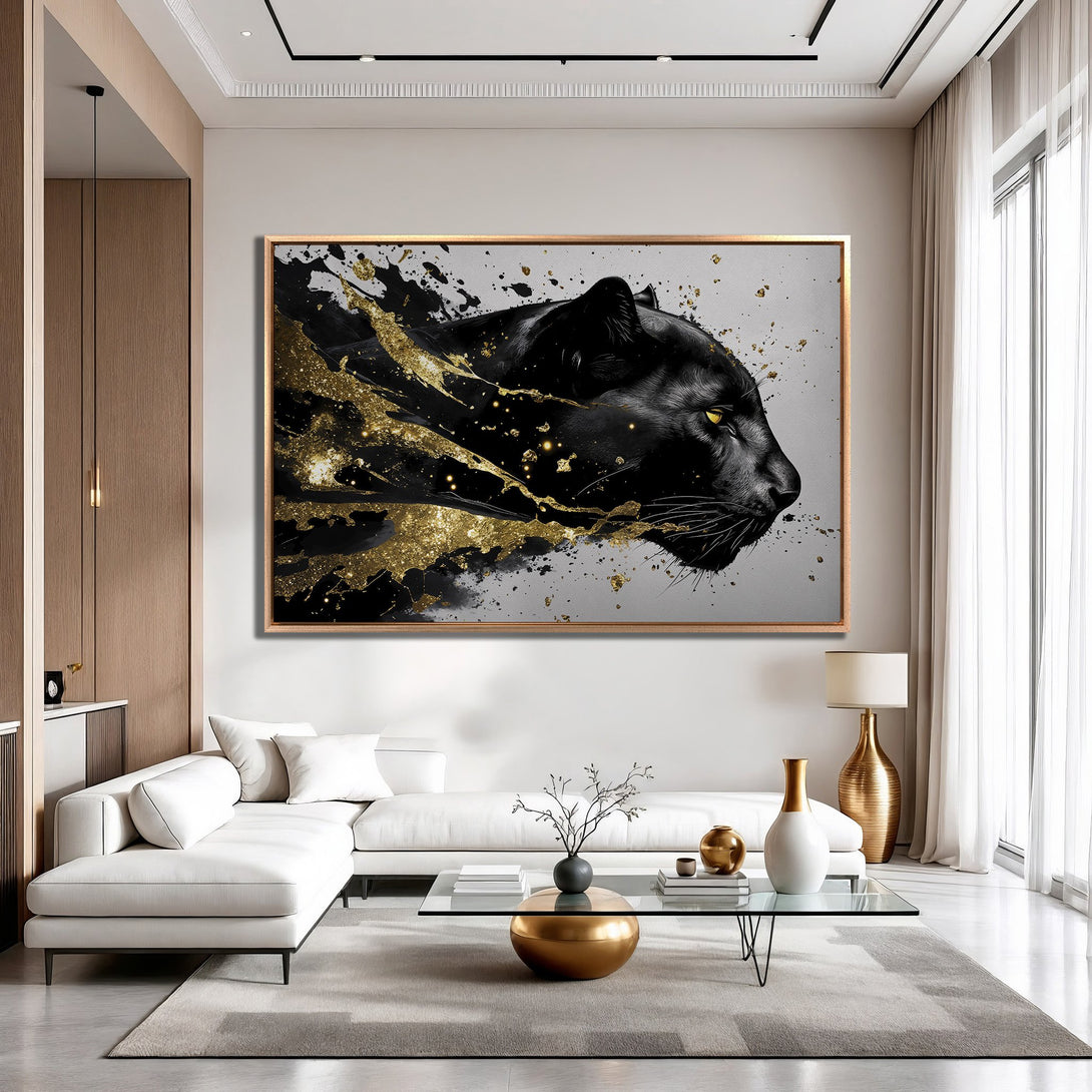 Framed Wall Art: Black panther art print with gold accents. Modern style, neutral color palette. Elevate your space with this stunning canvas print.