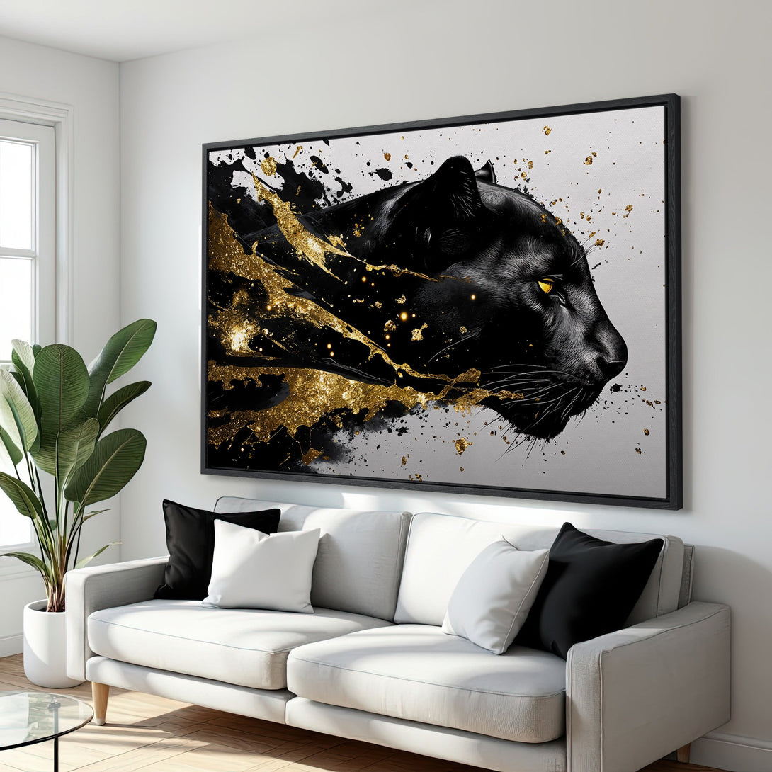 Framed Wall Art: Black panther portrait with gold accents. Modern abstract style in black, white, and gold color palette. Elevate your space!