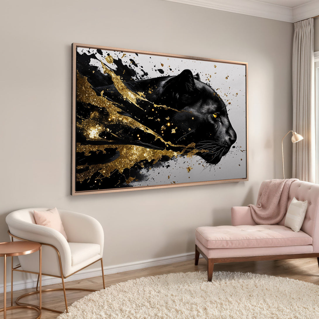Framed Wall Art: Stunning black panther art with gold accents. Modern, elegant canvas print in black, gold, and neutral tones. Elevate your space with this statement piece.