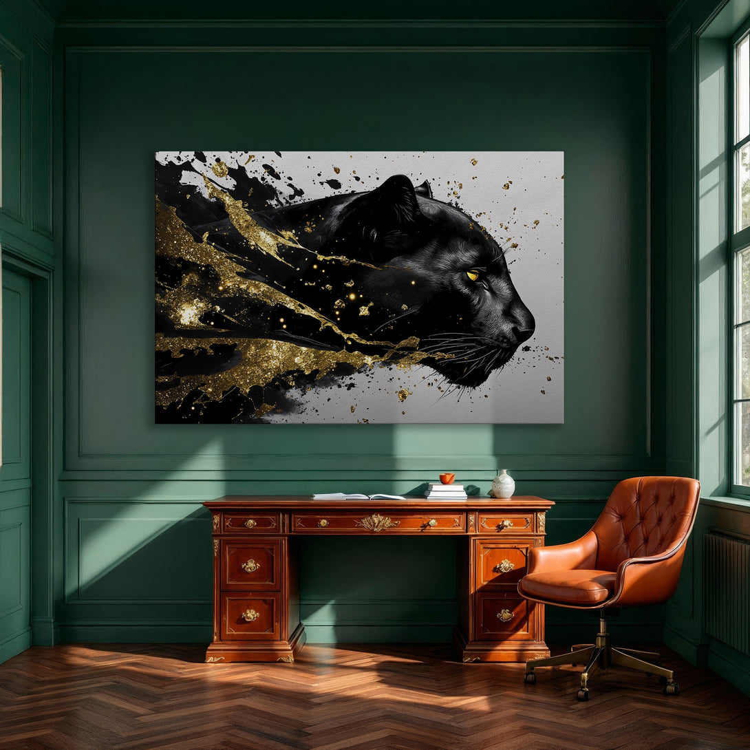 Framed Wall Art: Stunning black panther canvas print with gold accents. Modern, luxurious decor in a black, white, and gold color palette.