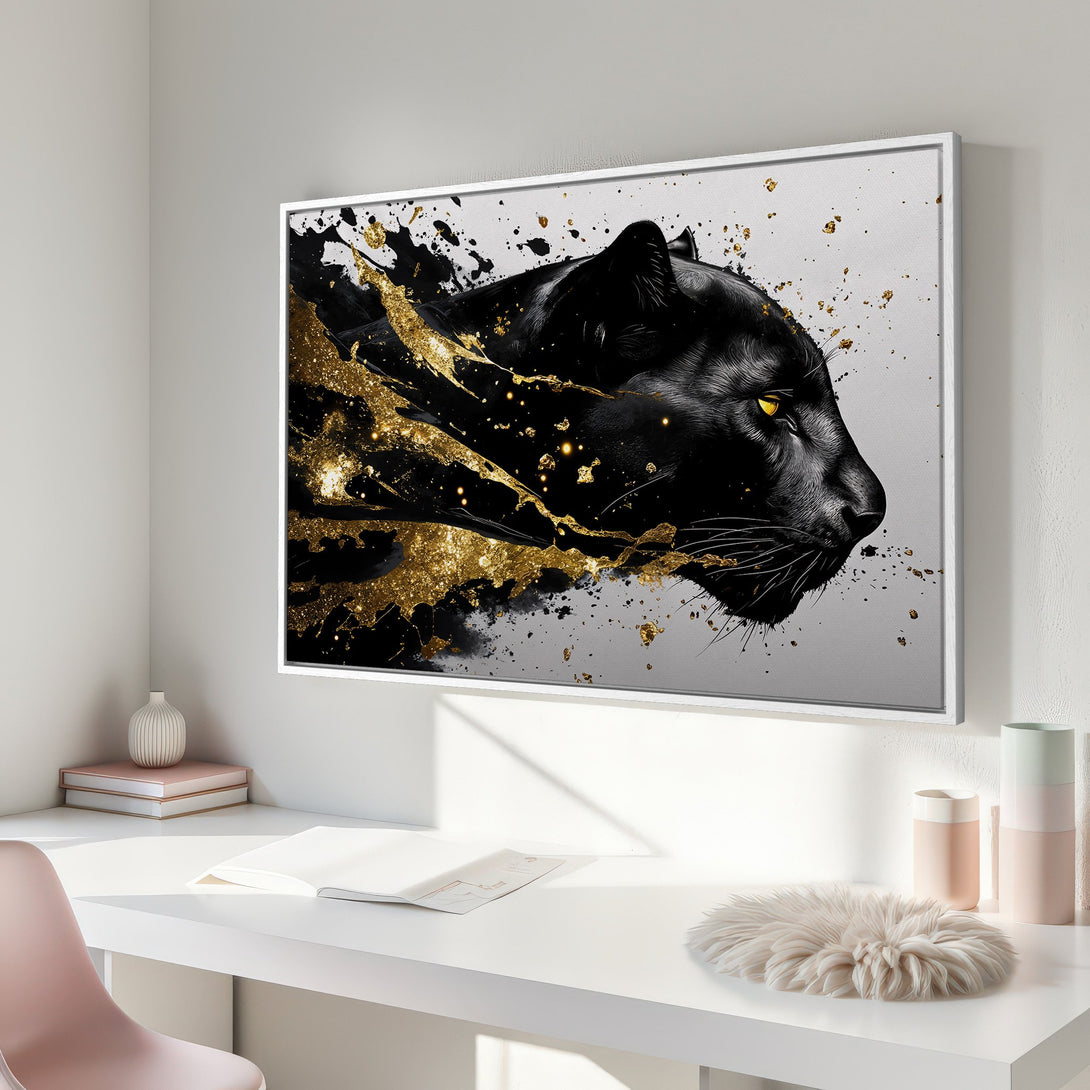 Framed Wall Art: Black panther portrait with gold accents. Modern, stylish canvas print in a black, white, and gold color palette. Elevate your space!