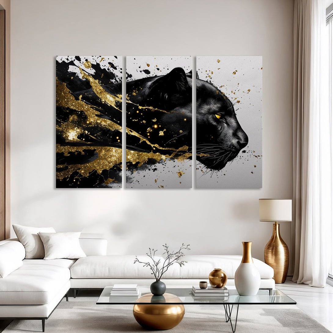 Canvas Print featuring a striking black panther with gold accents. Modern abstract art in a black, white, and gold color palette. Elevate your space!