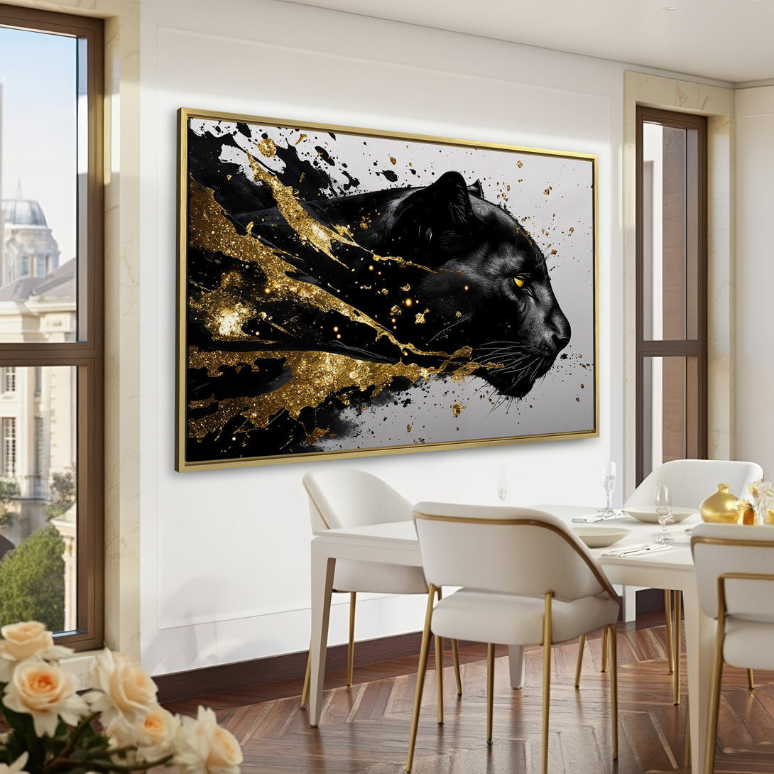 Canvas Print: Black panther art with gold accents. Modern wall decor in a luxurious interior with a green and gold color palette.