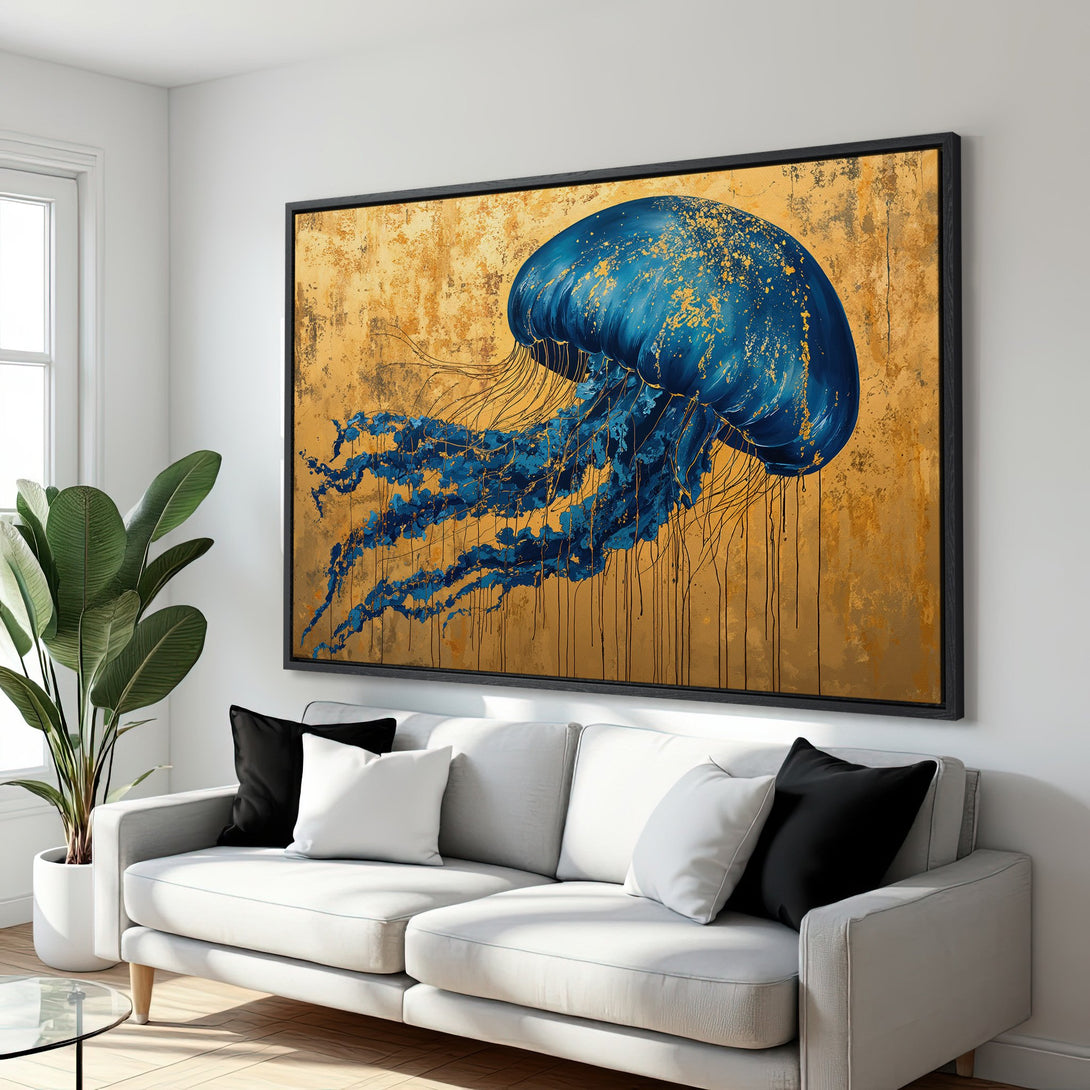 Framed Wall Art: Stunning blue jellyfish canvas print with gold background. Modern art with a luxurious feel, perfect for living room decor.