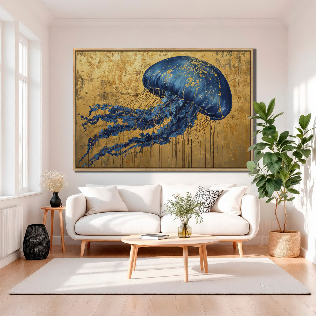 Framed Wall Art: Stunning blue jellyfish art on a gold textured background. Modern abstract style, perfect for living room decor.