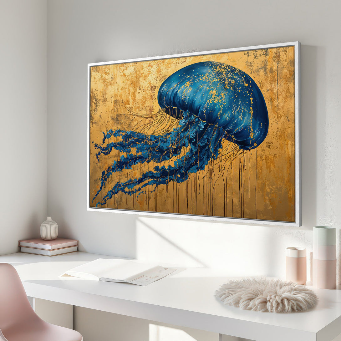 Framed Wall Art: Abstract blue jellyfish on gold background. Modern Canvas Print adds a splash of color and style to any interior. Shop now!