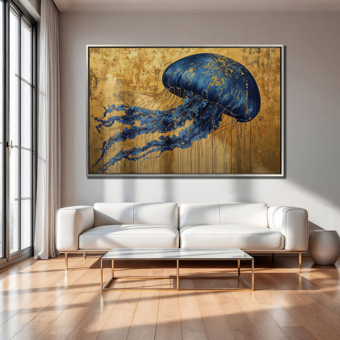 Framed Wall Art: Abstract jellyfish painting in blue and gold. Modern artwork for living room decor.