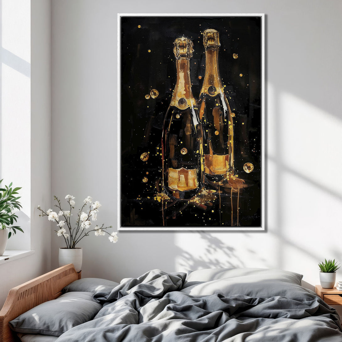 Framed Wall Art: Luxurious champagne bottles on black canvas. Gold and black abstract art perfect for modern home decor. Elevate your space!