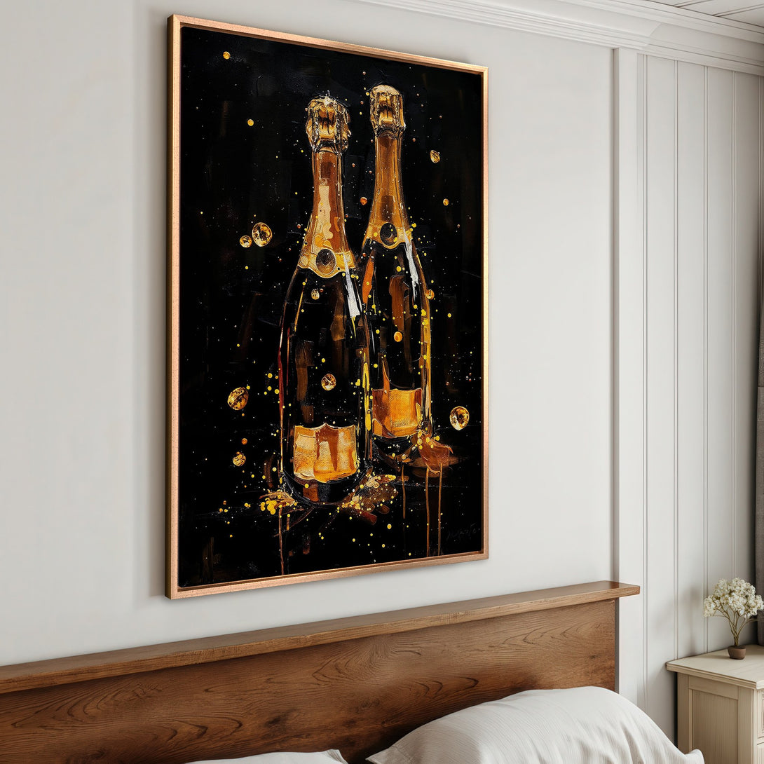 Framed Wall Art: Champagne bottles painting with gold and black color palette. Modern art canvas print for luxury home decor.