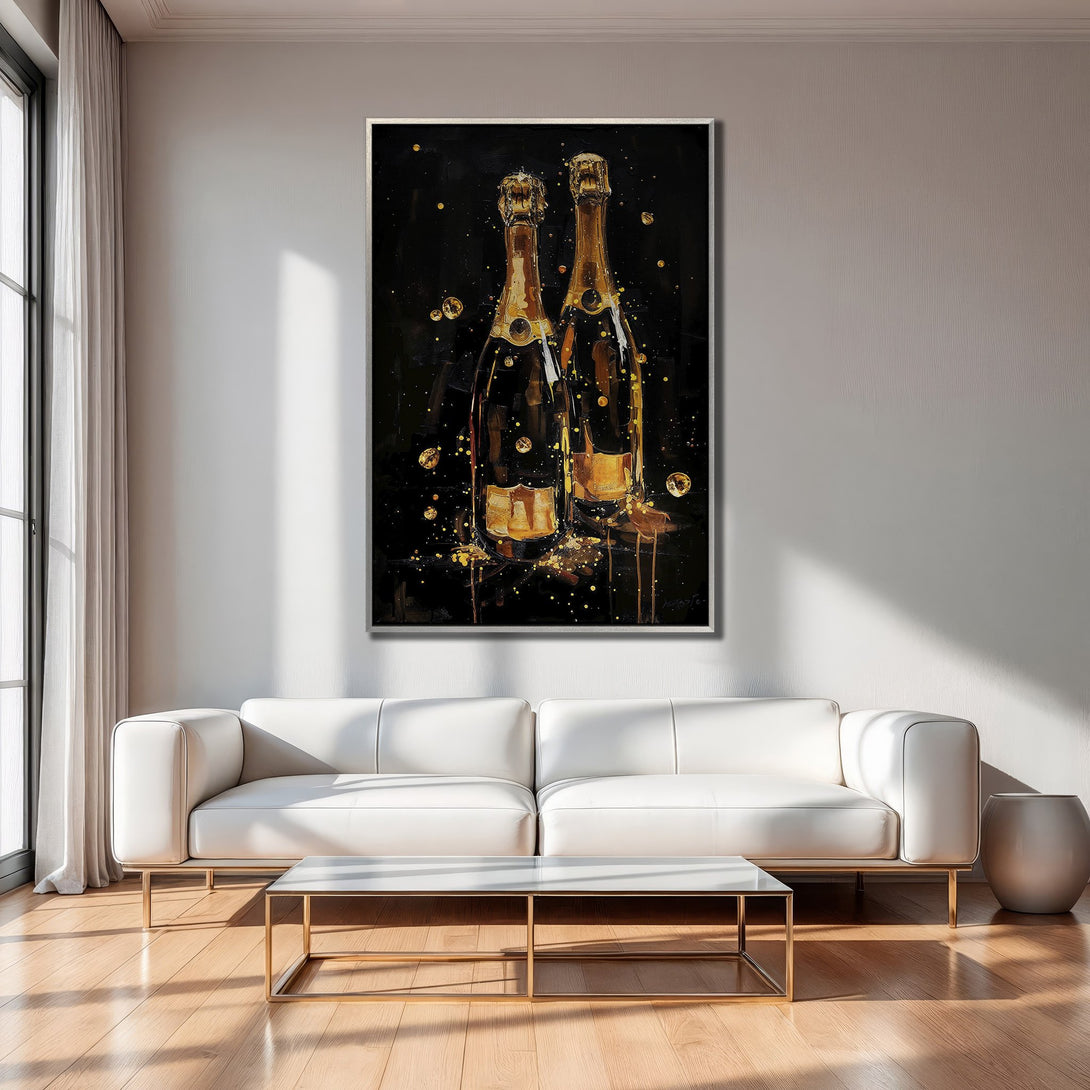Framed Wall Art: Champagne bottles painting with gold accents on a black background. Modern, luxurious decor in a living room setting.