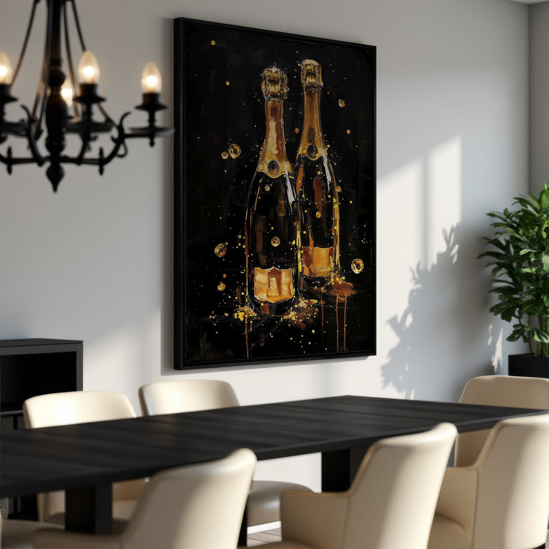 Framed Wall Art: Champagne bottles in a modern, abstract style with a black and gold color palette. Perfect for dining rooms and adding a touch of luxury.