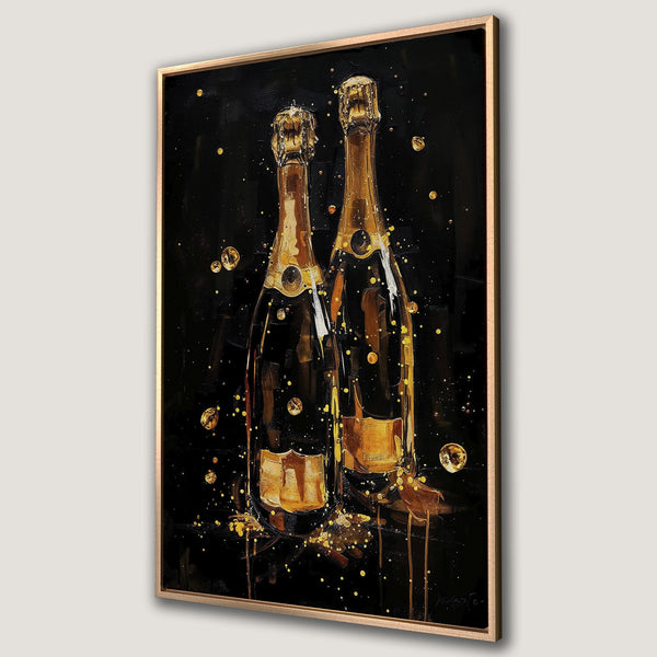 Framed Wall Art: Luxurious champagne bottles painting in gold and black. Modern abstract style, perfect for adding a touch of elegance to any space.