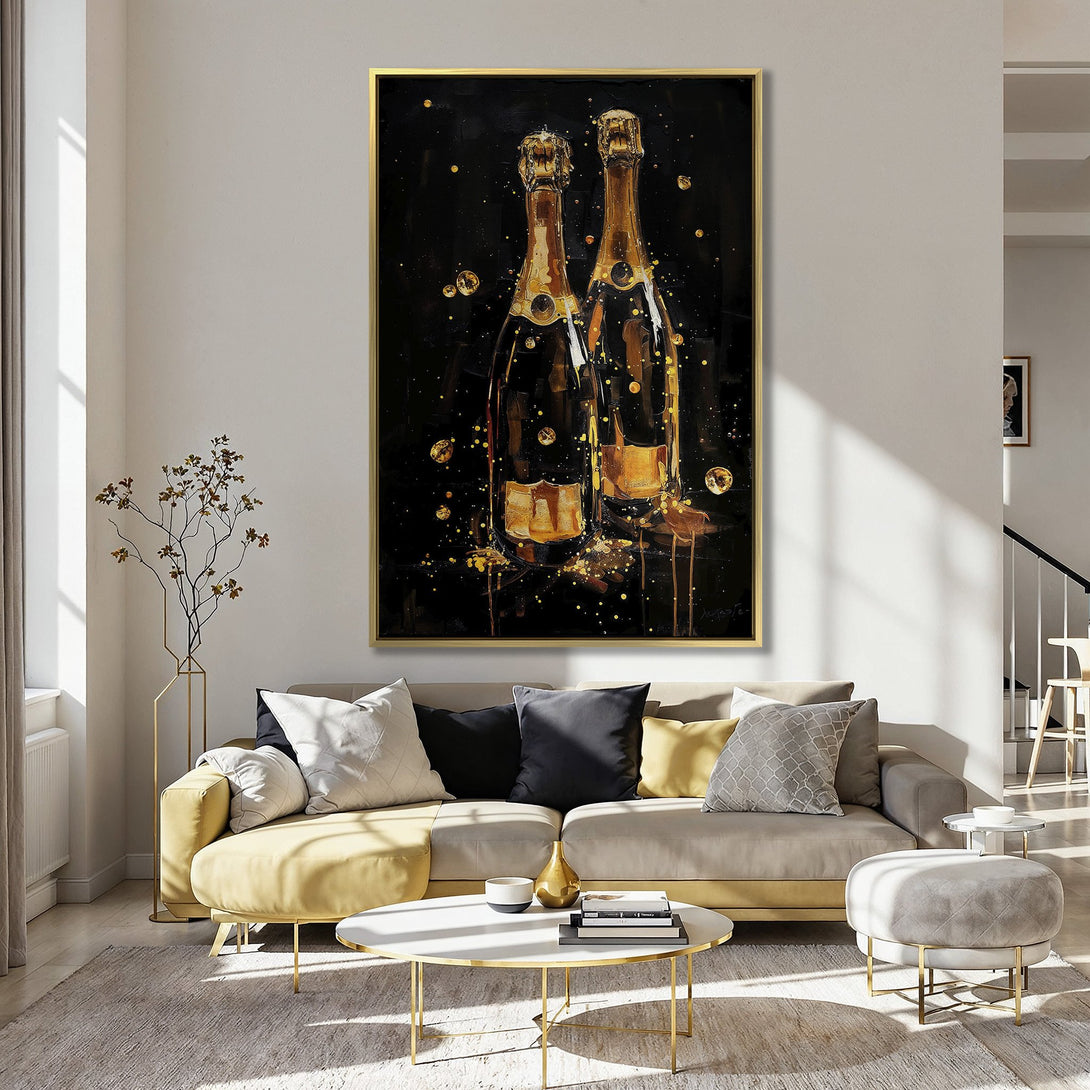 Canvas Print of champagne bottles, gold and black abstract art, displayed in a kitchen with a pink wall, perfect for a touch of luxury.