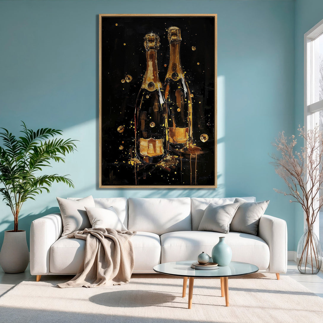 Framed Wall Art: Champagne bottles abstract painting in gold and black. Modern art canvas print adds elegance to any interior.