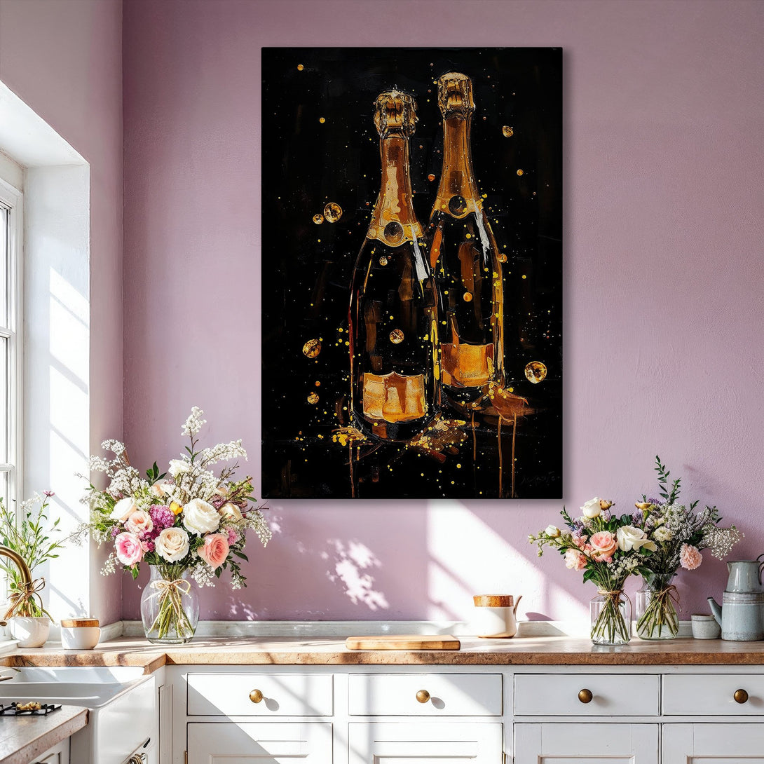 Framed Wall Art: Champagne bottles painting in gold and black. Modern abstract style, perfect for adding a touch of luxury to your home decor.