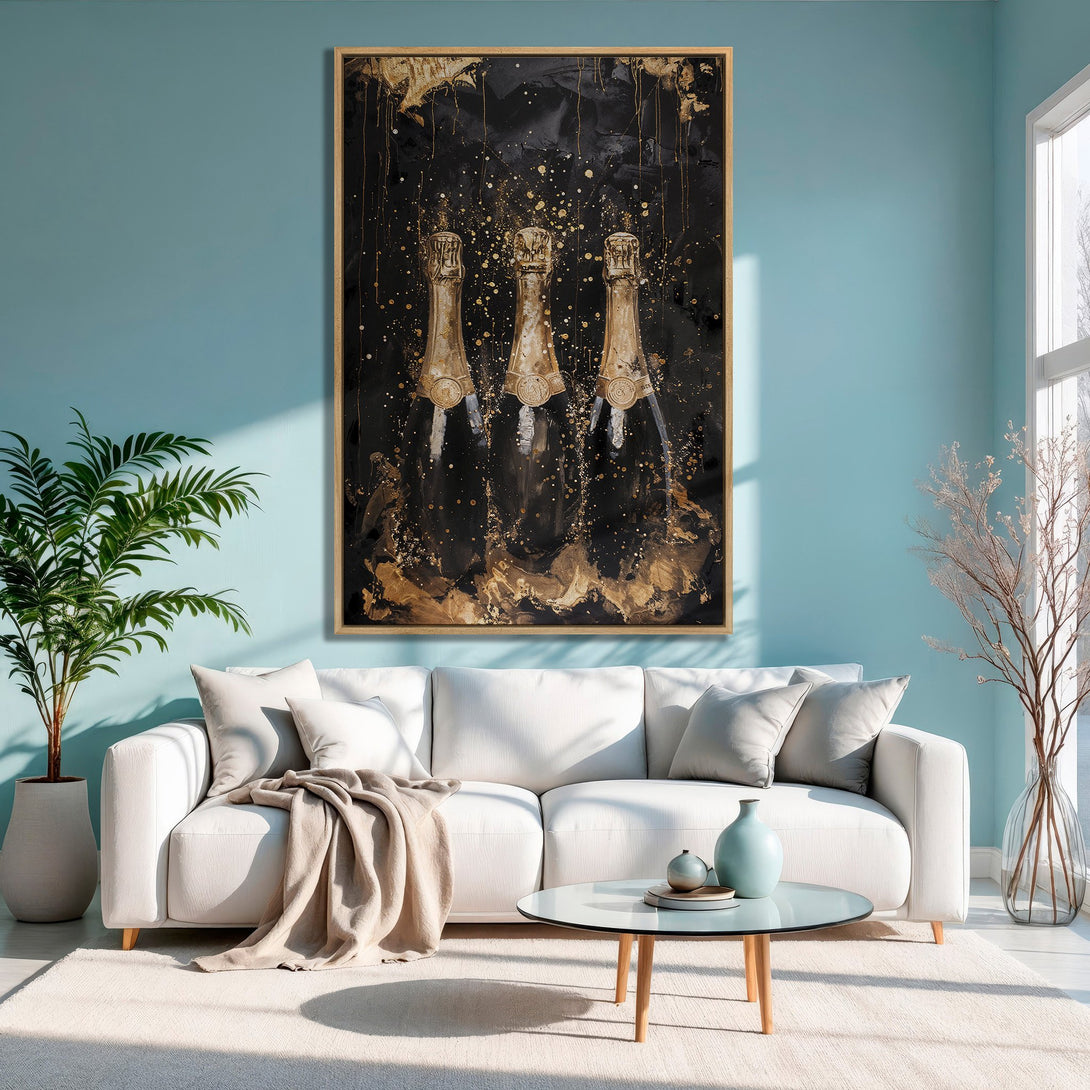 Framed Wall Art featuring champagne bottles in gold and black abstract style. Perfect for adding a touch of luxury to any room. Chic decor.