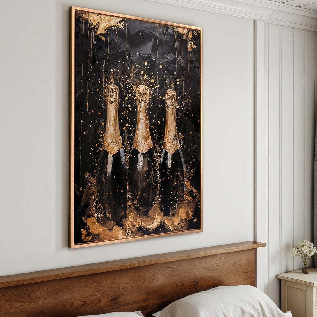 Framed Wall Art: Abstract champagne bottle art with gold accents on a black background. Luxurious, modern decor with a black, gold, and neutral color palette.