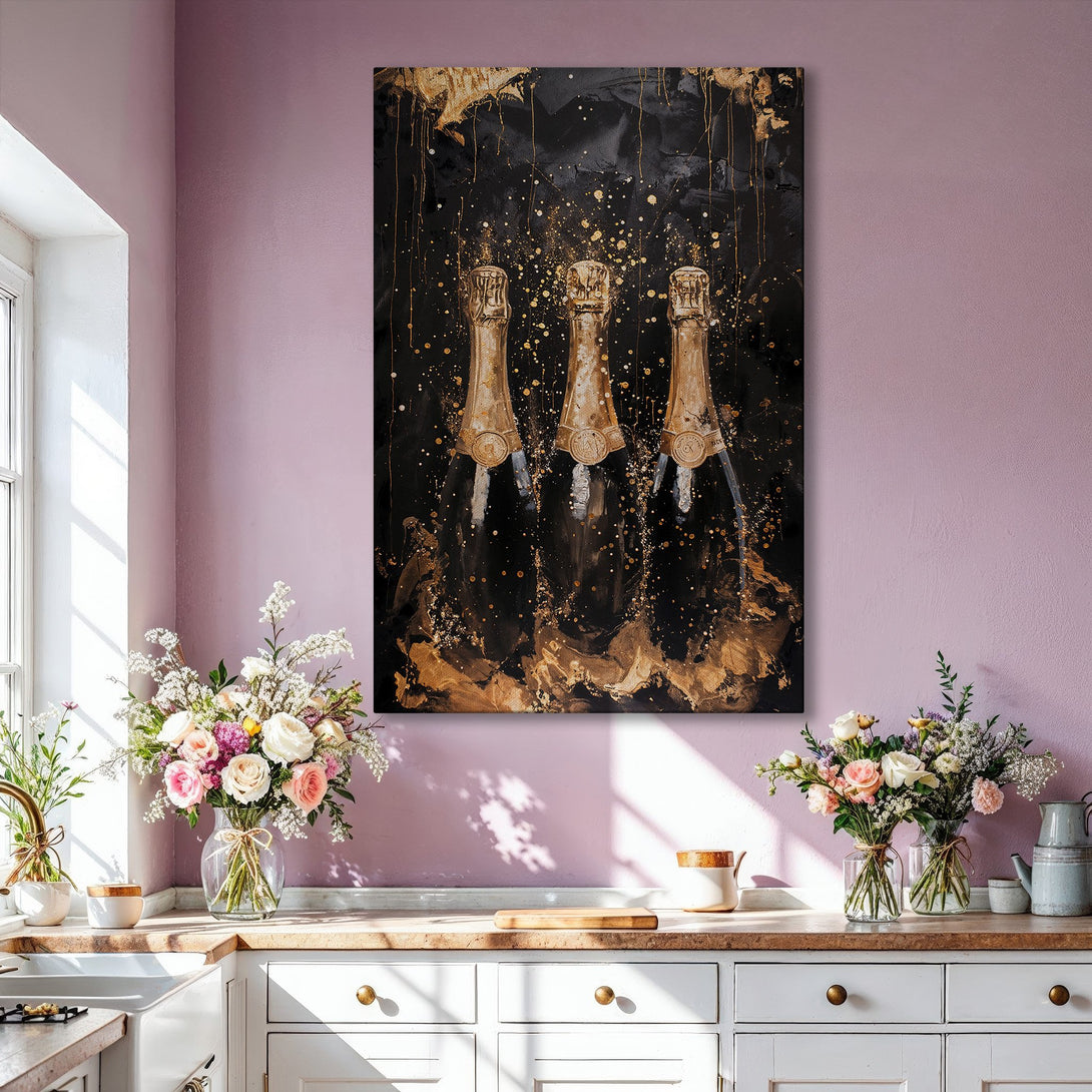 Framed Wall Art: Abstract champagne bottles in black and gold. Modern art print for a luxurious home decor style.