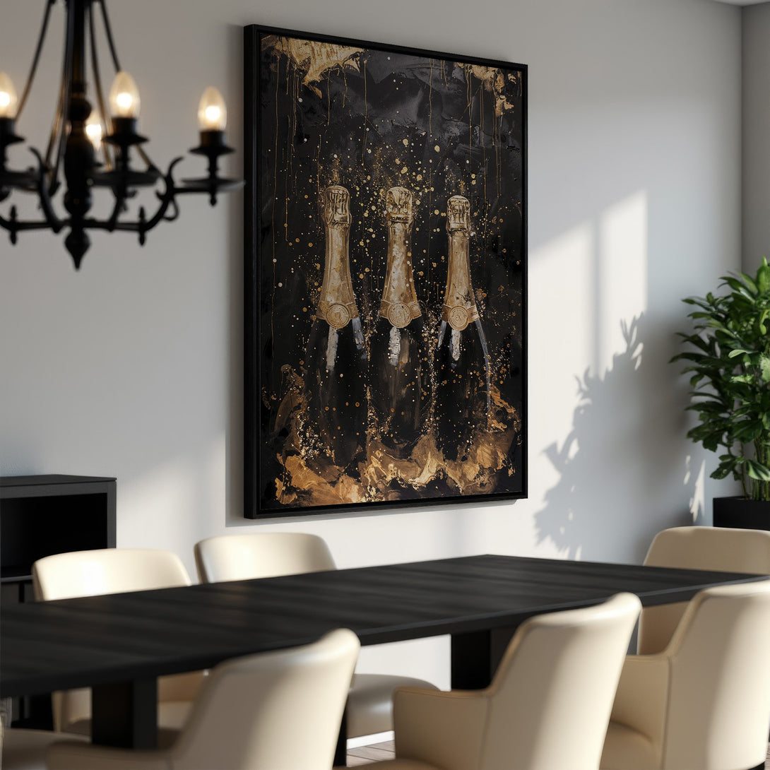 Framed Wall Art featuring champagne bottles in a modern, abstract style with a black and gold color palette, perfect for luxury decor.