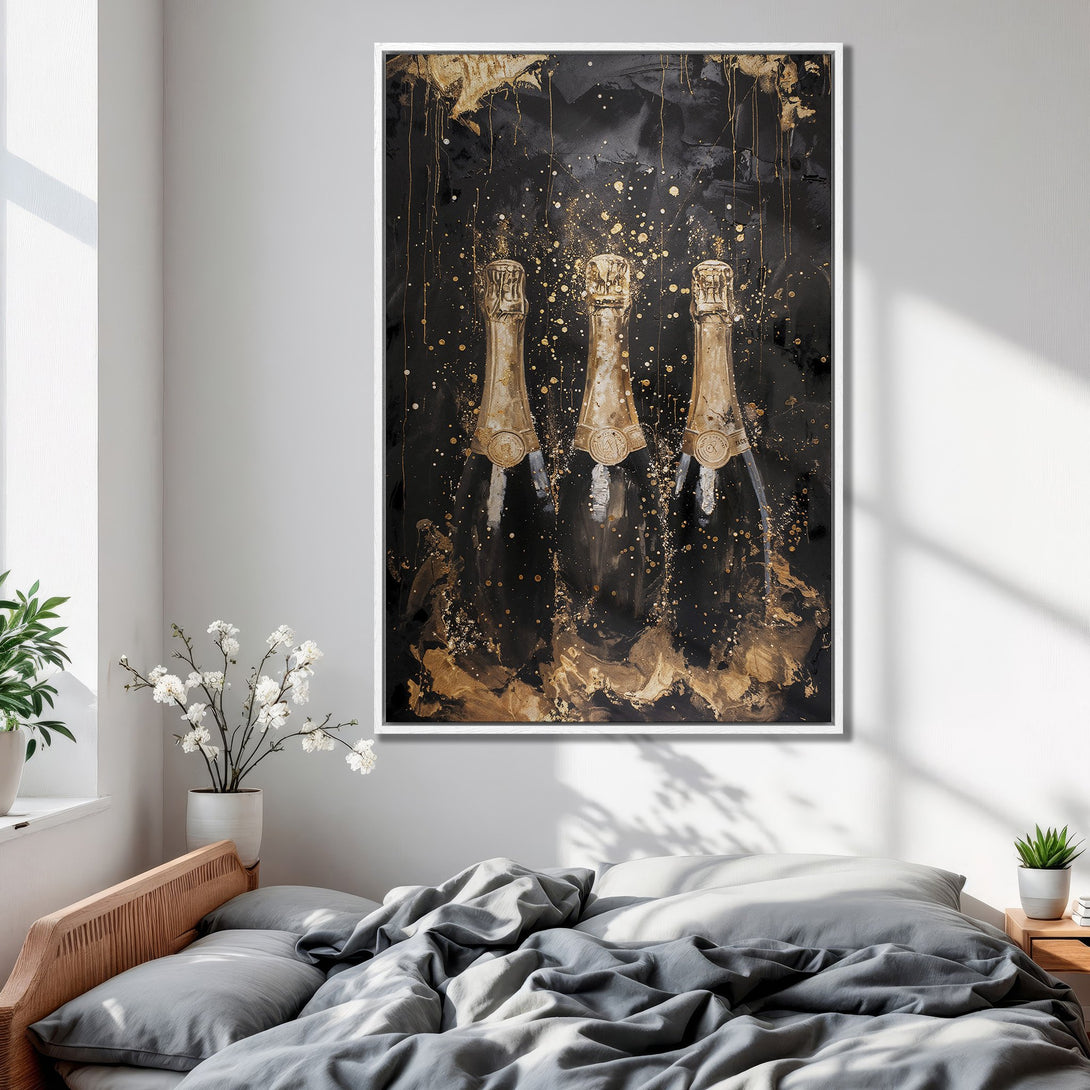 Framed Wall Art: Champagne bottles abstract art in black & gold. Modern decor for bedroom or living room. Add a touch of luxury to your space!