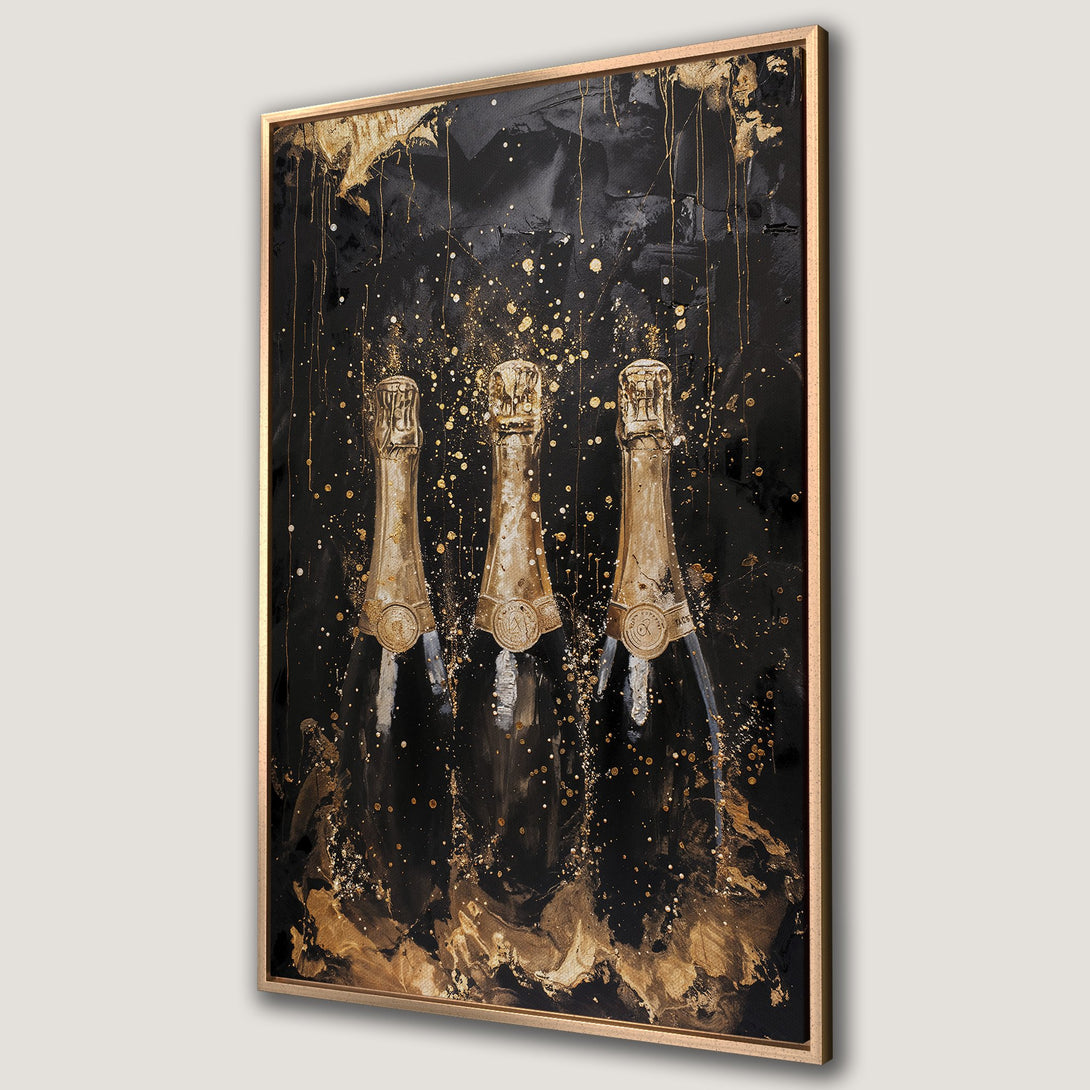 Framed Wall Art featuring champagne bottles in a modern, abstract style. Black and gold color palette adds luxury and sophistication to any space.