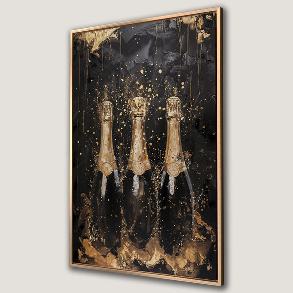 Framed Wall Art featuring champagne bottles in a modern, abstract style. Black and gold color palette adds luxury and sophistication to any space.