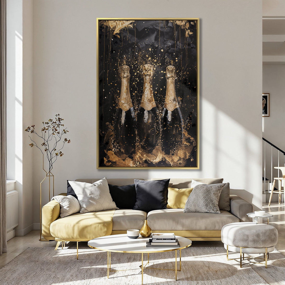 Canvas Print: Luxurious gold champagne bottles on black abstract art. Perfect for adding a touch of elegance to your home decor. Black, gold, and neutral color palette.