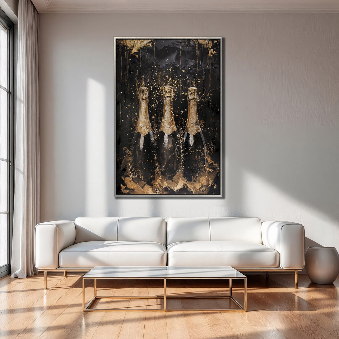 Framed Wall Art: Abstract champagne bottles in gold and black. Modern canvas print adds luxury to any interior. Shop now!