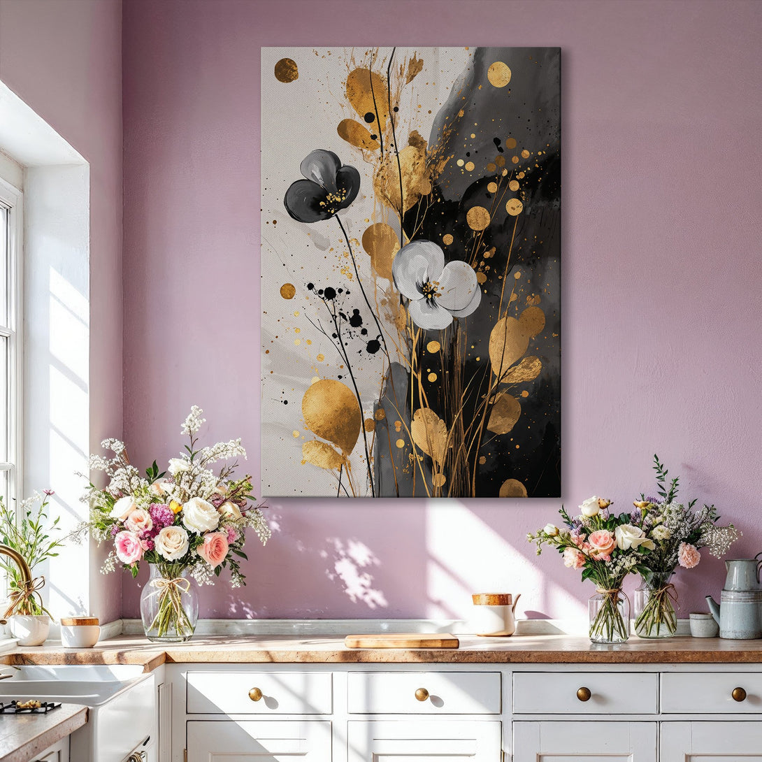 Framed Wall Art: Abstract floral design in black, white, and gold. Modern art canvas print adds elegance to any interior. Shop now for stylish home decor!