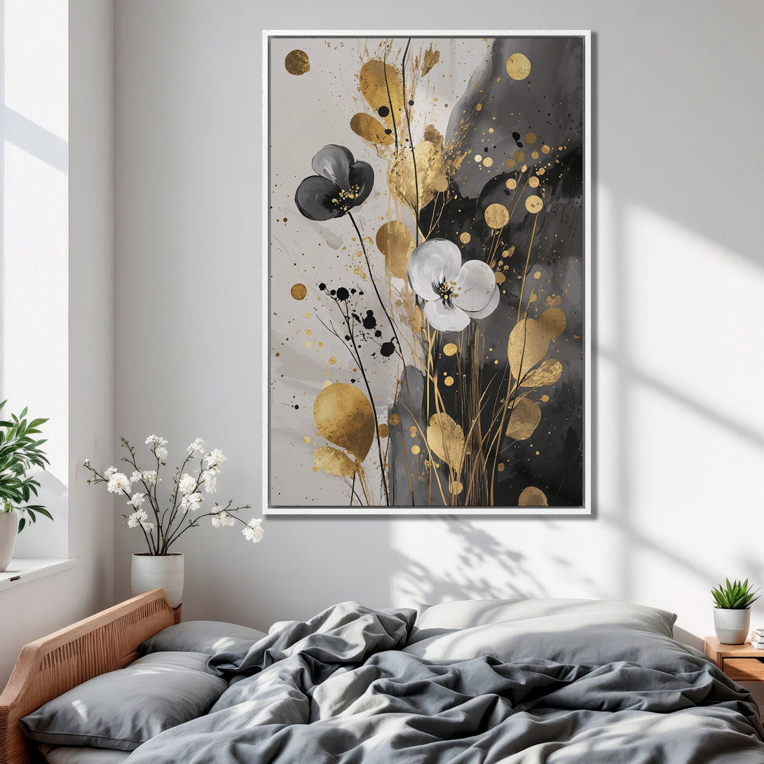 Framed Wall Art: Abstract floral Canvas Print in black, white, and gold. Modern art for bedroom decor. Adds elegance and sophistication to any space.