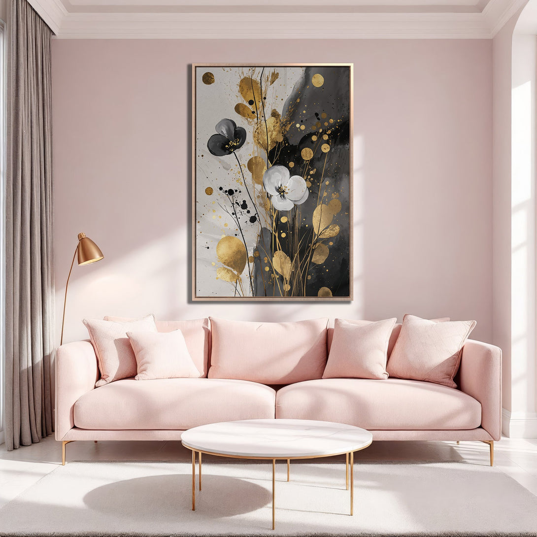 Framed Wall Art: Abstract floral canvas print in gold, black, and white. Modern art for a stylish living room.