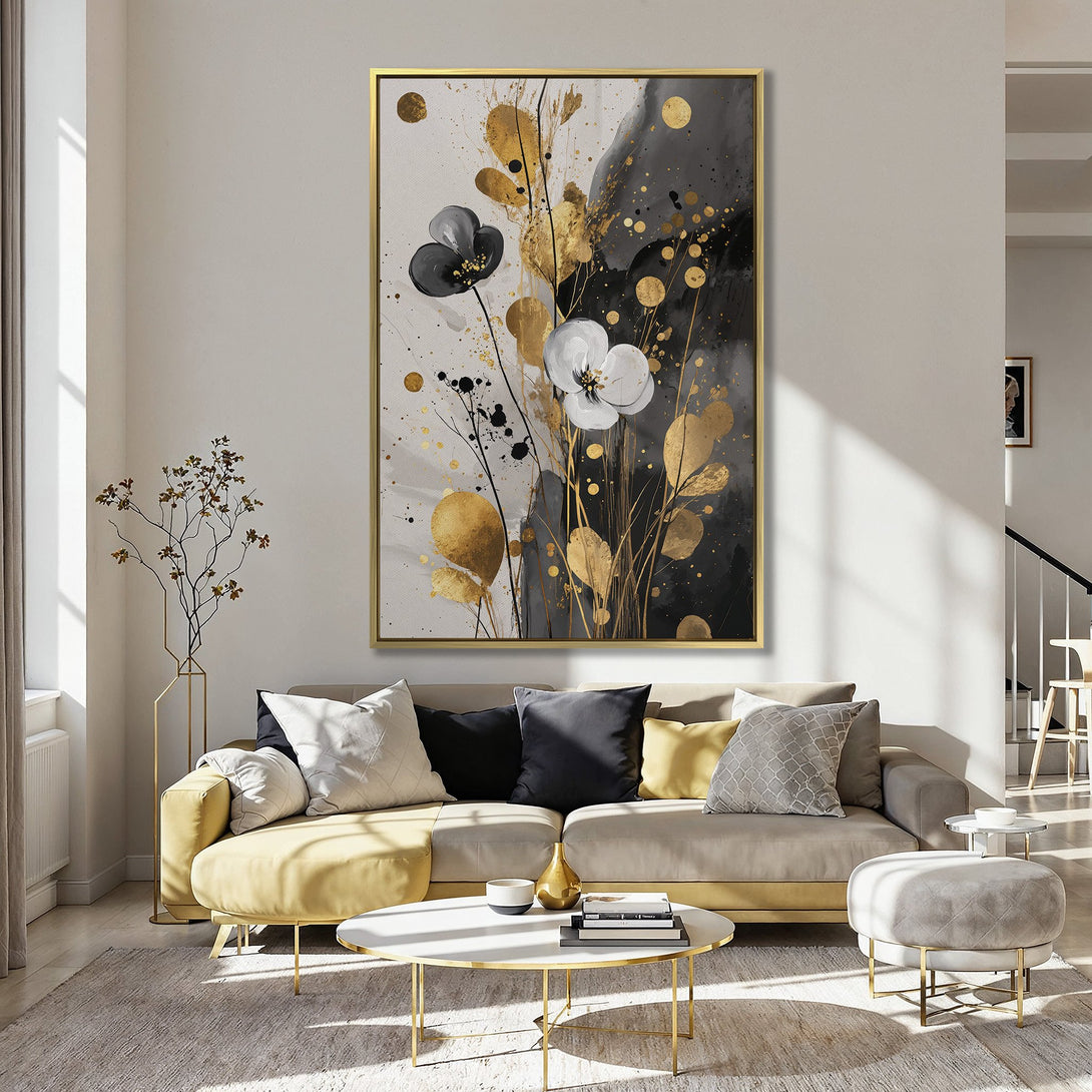 Canvas Print featuring abstract floral art in black, white, and gold, adding a touch of elegance to any interior.