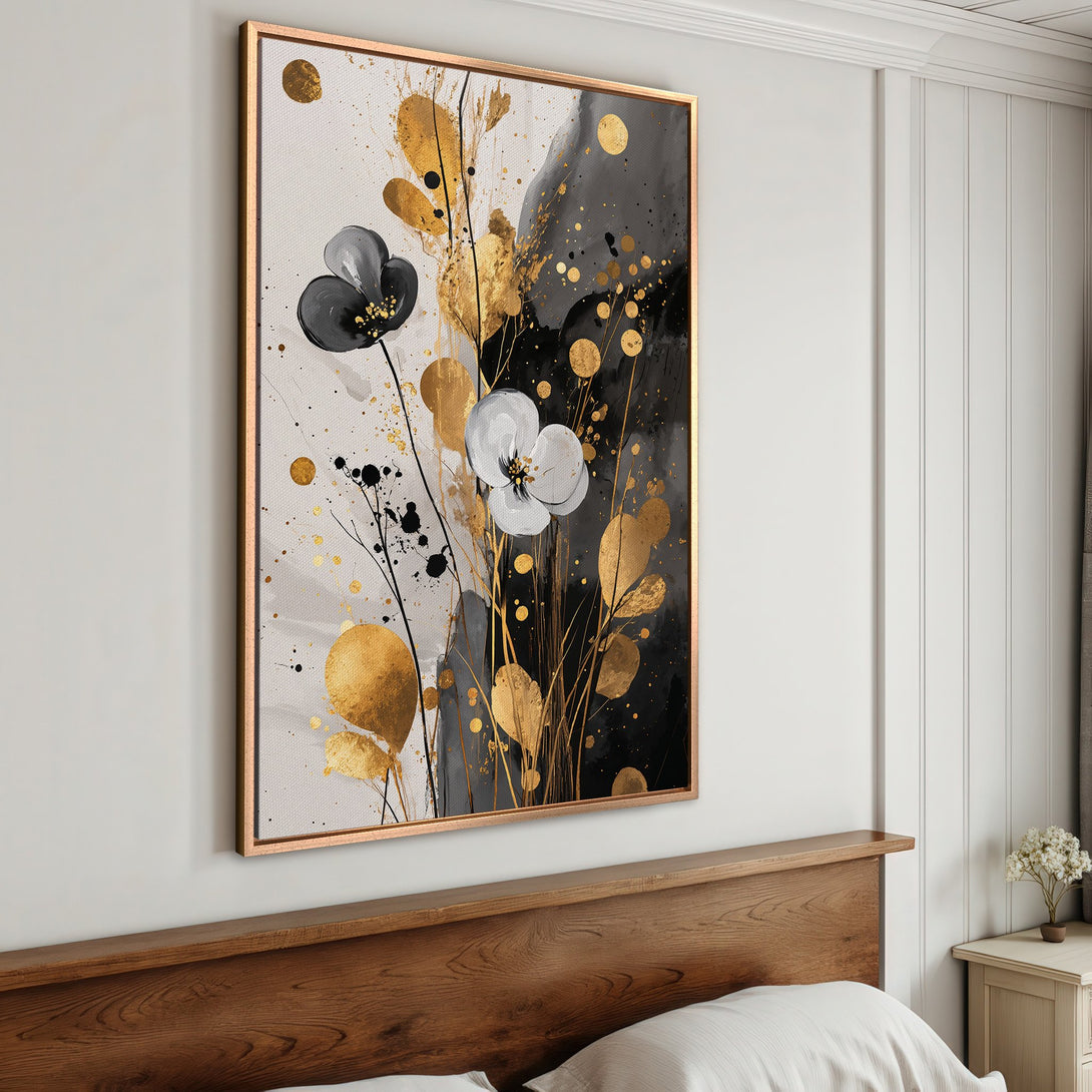 Framed Wall Art: Abstract floral Canvas Print in black, white, and gold. Modern art for bedroom decor. Adds elegance and style to any space.