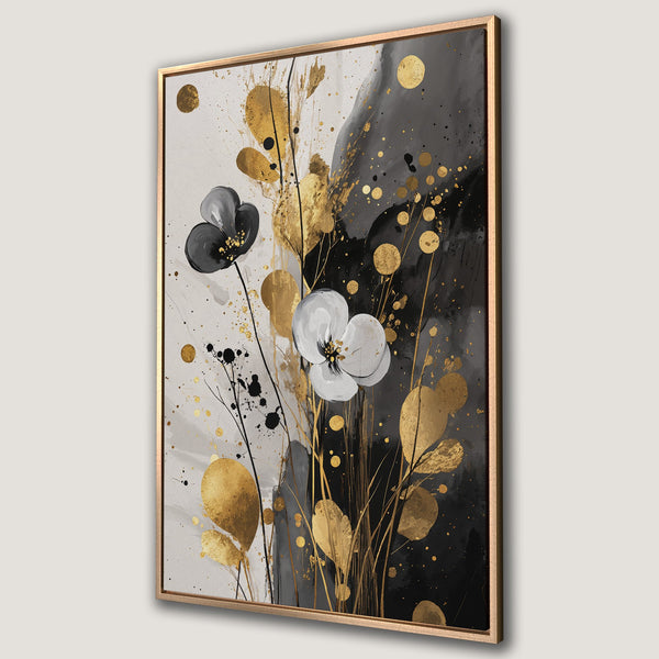 Framed Wall Art featuring abstract floral design in black, white, and gold. Modern canvas print perfect for adding elegance to any interior.