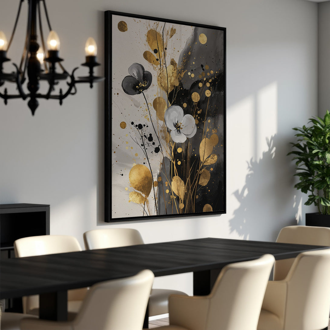 Framed Wall Art featuring abstract floral design in gold, black, and white. Modern canvas print perfect for dining room decor.