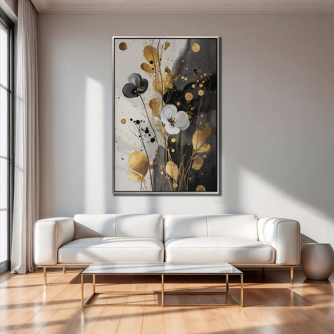 Framed Wall Art: Abstract floral painting in gold, black, and white. Modern canvas print adds elegance to any interior.