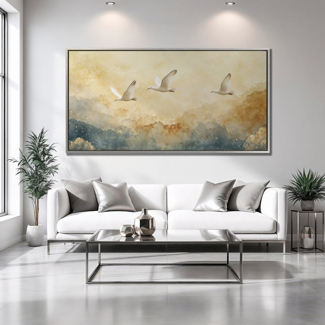 Framed Wall Art featuring watercolor seagulls in flight. Neutral color palette with gold accents. Perfect for modern living room decor.